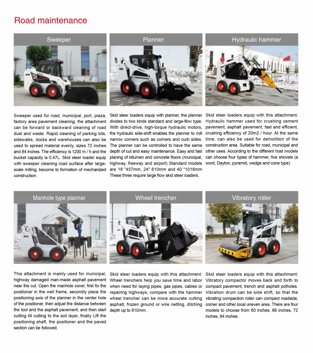 Vochains Skid Steer Loader with Sweeper Used for Road Maintenance
